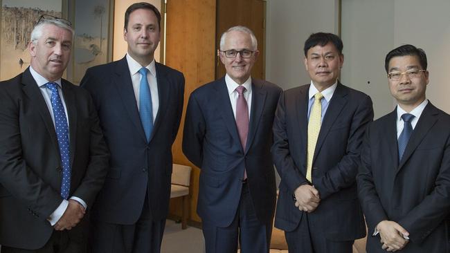 Canford Property's Roland Evans with Moncrieff MP Steven Ciobo, Prime Minister Malcolm Turnbull, Songcheng chairman Huang Qiaoling and CEO Huang Hongming.