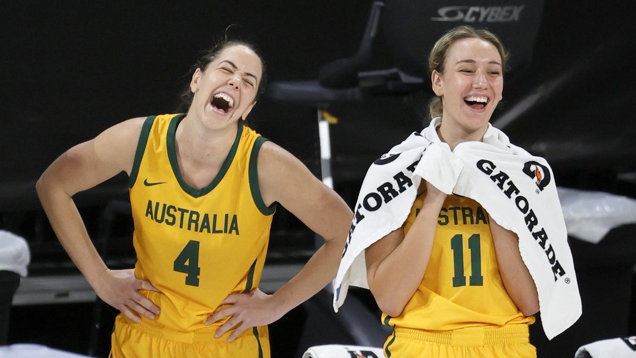 Jenna O'Hea and Alanna Smith laugh on the bench late in an exhibition game against the United States. Picture: Ethan Miller/Getty Images