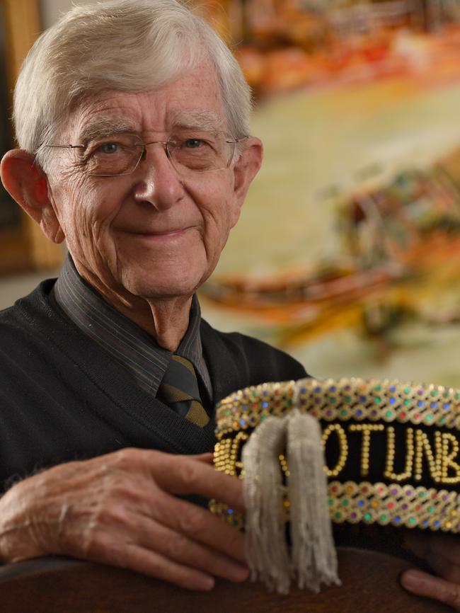 Peter Routley, 84, with a ceremonial cap he was presented during his time in Nigeria. Picture: Naomi Jellicoe