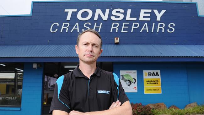 ‘Biggest pain in the arse’: Tonsley Crash Repairs owner David Carruthers out the front of his business on South Rd. Picture: Michael Marschall