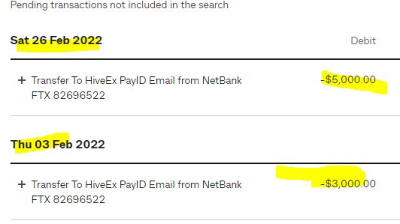 A screenshot from Ms Rogers’ Commonwealth Bank of Australia account showing the transfers she made on 3 and 26 February 2022. Picture: Anna Rogers