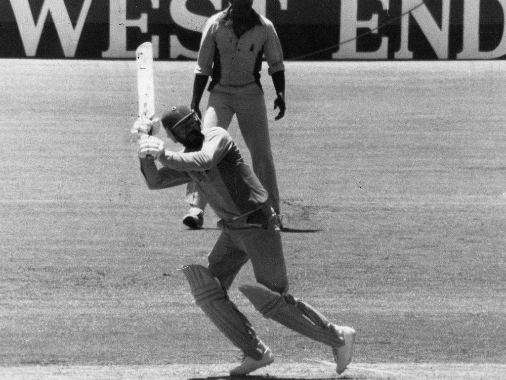 Pakistani batsman Zaheer Abbas hits a ball from Viv Richards in the 1981 World Series Cricket.