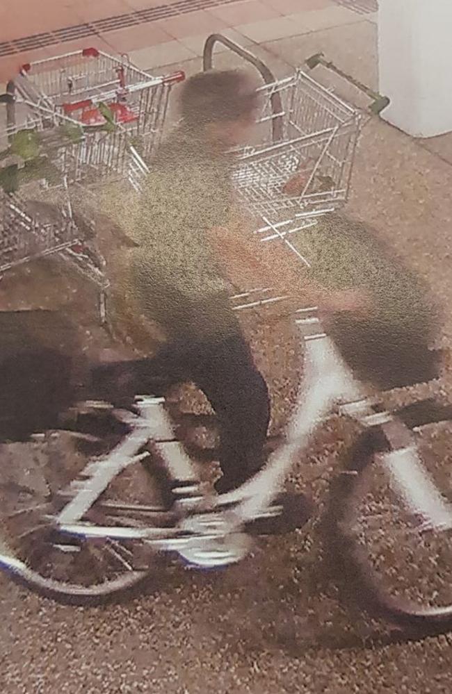 The man was seen leaving the supermarket on a white bike.