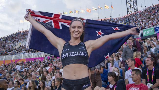 BIRMINGHAM, ENGLAND - AUGUST 2: Imogen Ayris of New Zealand celebrates after winning the bronze medal in the Women's Pole Vault Final during the Athletics competition at Alexander Stadium during the Birmingham 2022 Commonwealth Games on August 2, 2022, in Birmingham, England. (Photo by Tim Clayton/Corbis via Getty Images)