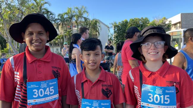 (L-R) Manu, Jaden and Ryden took part in the at the NT City2Surf Marathon4Kids on Sunday with other Sacred Heart Catholic Primary School students.