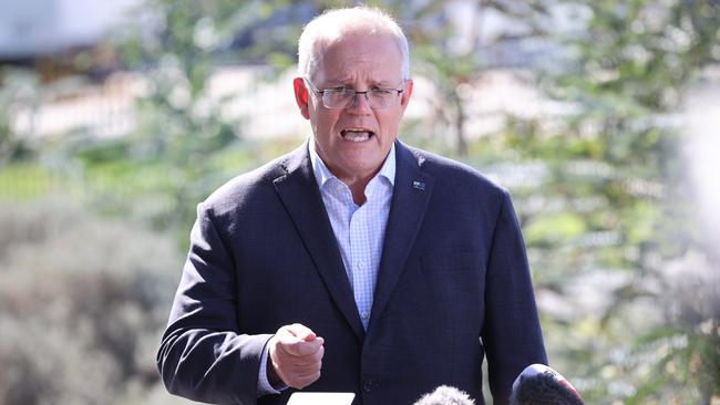 Prime Minister Scott Morrison at a press conference today. Picture: Jason Edwards