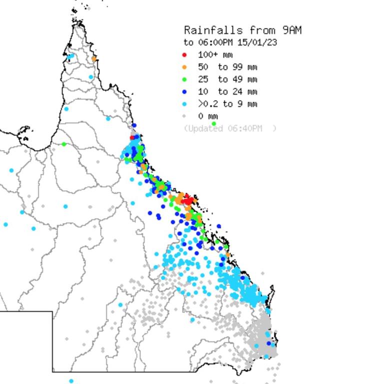 There is significant rainfall over the Central and North Queensland coast with this image from the Bureau of Meteorology showing the rainfall since 9am to 6pm Sunday.