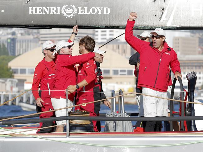 Wild Oats XI skippered by Mark Richards sails up the River Derwent on her way to a 9th line honours victory in the 2018 Sydney to Hobart Yacht Race. The yacht crossed the line in 1d 19hrs 7mins 21secs . Picture: RICHARD JUPE