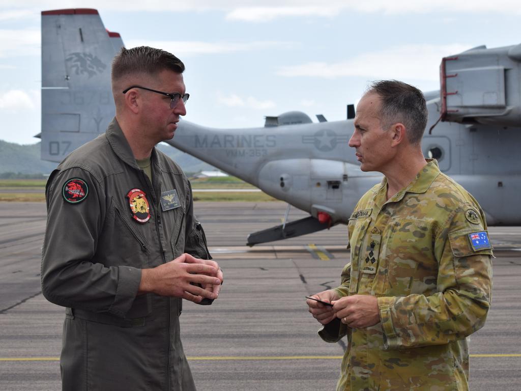 Commanding Officer of VMM-363, Lieutenant Colonel Jeff Blumenfeld and Commander 3rd Brigade, Brigadier Ben McLennan at RAAF Base Townsville as six osprey's and forces from the Marine Rotational Force Darwin arrive in Townsville for Exercise Southern Jackaroo 2025.