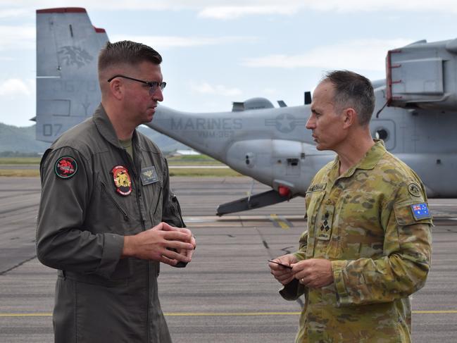 Commanding Officer of VMM-363, Lieutenant Colonel Jeff Blumenfeld and Commander 3rd Brigade, Brigadier Ben McLennan at RAAF Base Townsville as six osprey's and forces from the Marine Rotational Force Darwin arrive in Townsville for Exercise Southern Jackaroo 2025.