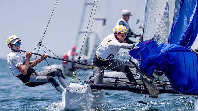 Jason Waterhouse and cousin Lisa Darmanin racing the Nacra 17 in Japan. Picture: Australian Sailing