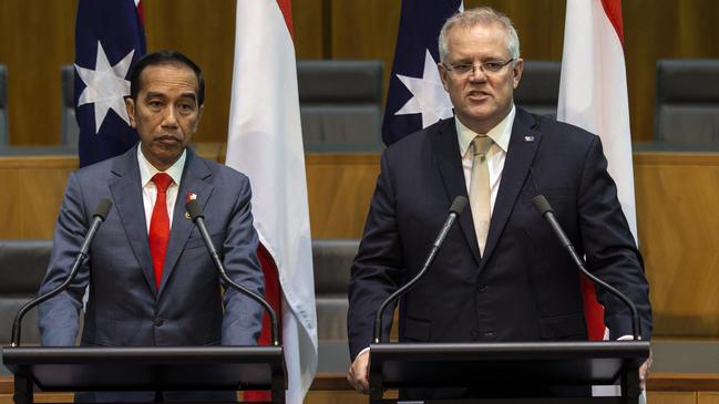 Joko Widodo with Scott Morrison at Parliament House. Picture: Gary Ramage.