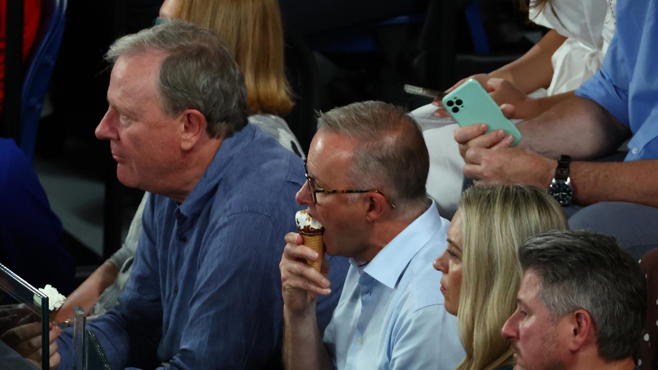 Mr Albanese also enjoyed an ice cream on Saturday night at the women’s singles finals. Picture: Graham Denholm/Getty Images