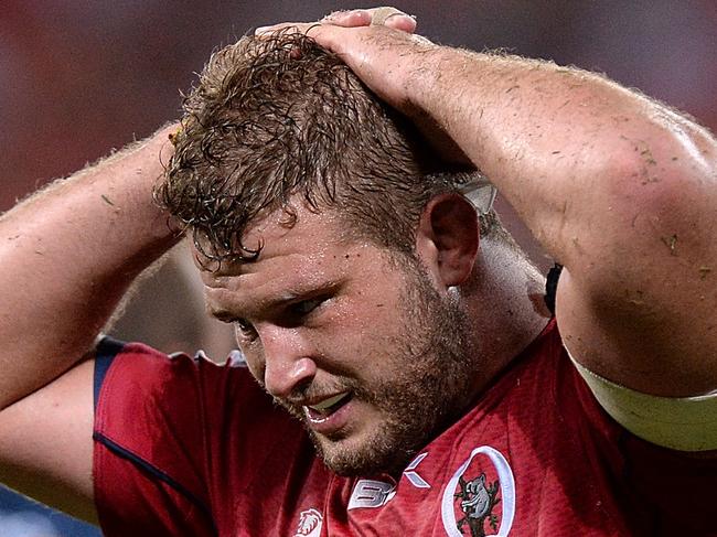 BRISBANE, AUSTRALIA - MARCH 14: James Slipper of the Reds looks dejected during the round five Super Rugby match between the Reds and the Brumbies at Suncorp Stadium on March 14, 2015 in Brisbane, Australia. (Photo by Bradley Kanaris/Getty Images)