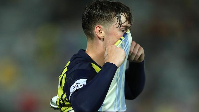 Stephen Mallon of the Central Coast Mariners dejected after losing to Wellington Phoenix Picture: Tony Feder/Getty Images