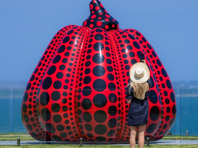 One of Kusama’s famous pumpkins is already on show at Pt. Leo Estate outside Melbourne. Picture: Jason Edwards