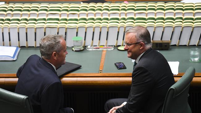 Opposition Leader Anthony Albanese speaks to former Labor leader Bill Shorten. Picture: AAP