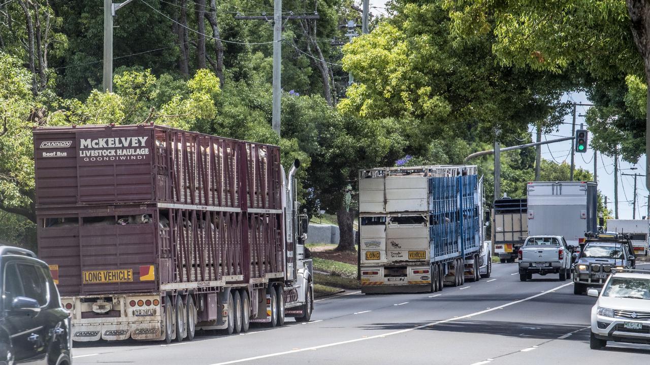 Heavy trucks continue to use James St due to the Toowoomba Bypass being off limits to them. Friday, December 9, 2022. Picture: Nev Madsen.