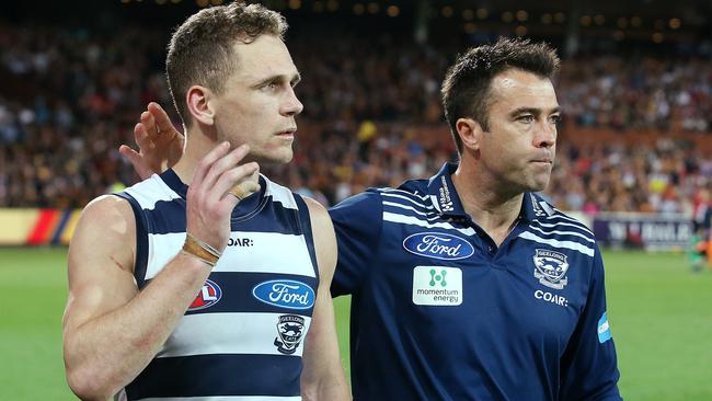 Geelong skipper Joel Selwood and coach Chris Scott. Picture: Michael Klein