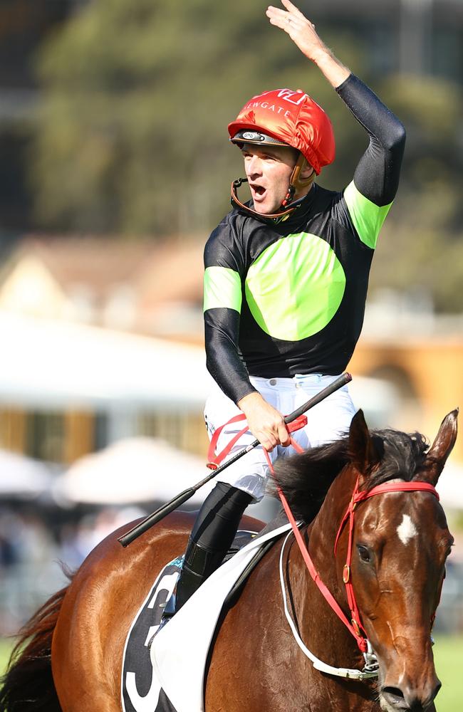 Sam Clipperton riding Think About It wins The TAB Everest on Saturday. Picture: Jeremy Ng/Getty Images