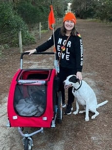 Kylie Lloyd and Roy head out for a walk before Roy needs to go in the pram. Picture: Supplied.