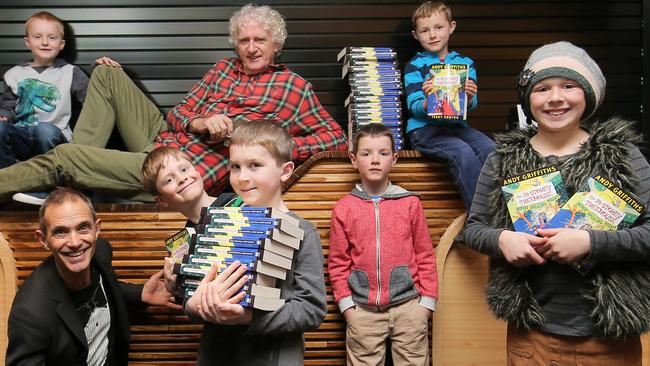 Author Andy Griffiths, left, and illustrator Terry Denton with, from left, Ayden Reeve, 7, Lucas Brown, 7, Dylan Reeve, 8, Caden Tucker, 7, Luke Tucker, 5, and Rhiannon Lincoln, 9.  Picture: RICHARD JUPE