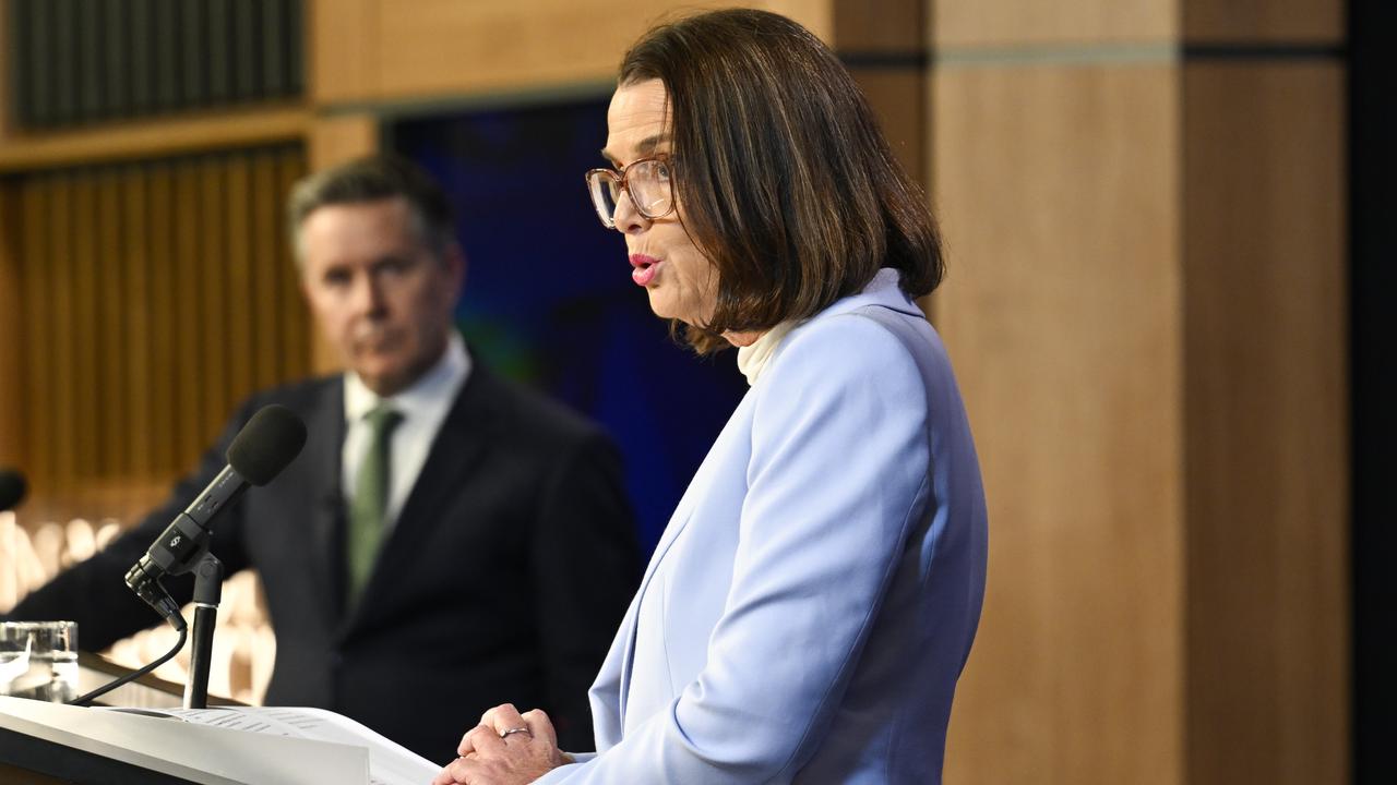 Mark Butler and Anne Ruston at the National Press Club of Australia in Canberra. Picture: NewsWire/ Martin Ollman