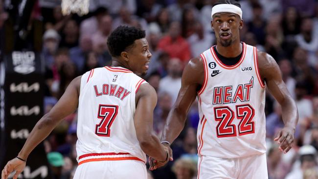 Kyle Lowry and Jimmy Butler of the Miami Heat. Picture: Megan Briggs/Getty Images