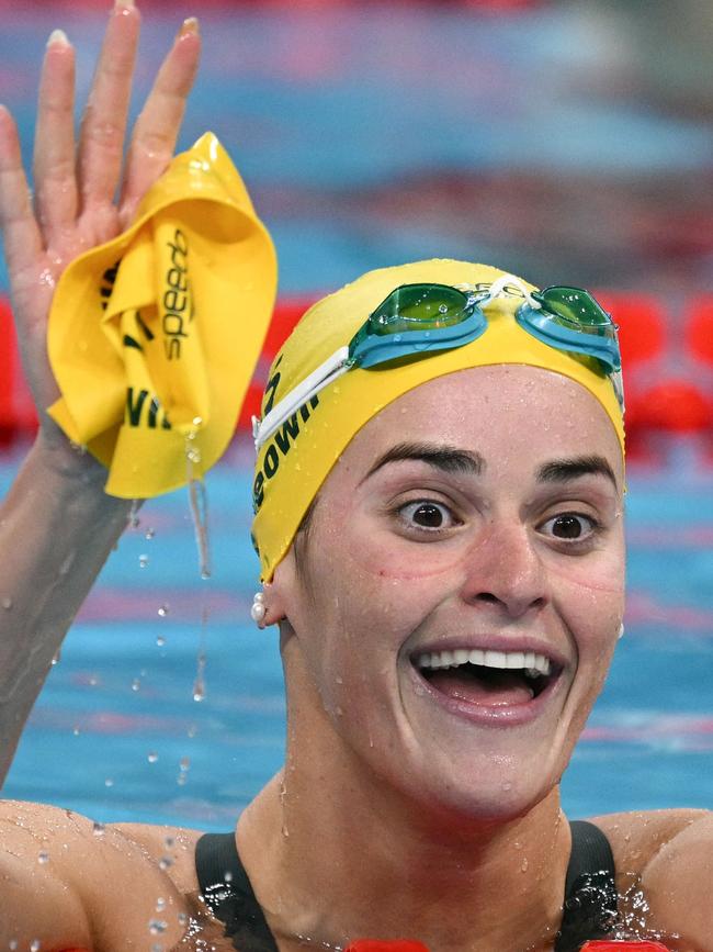 Kaylee McKeown celebrates after winning gold in the 200m backstroke in Paris. Picture: AFP