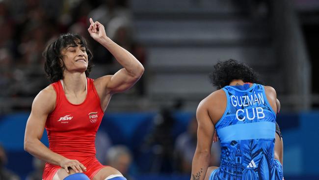 Vinesh Phogat celebrates victory against Yusneylis Guzman Lopez of Team Cuba in the semi-final. Picture: Getty