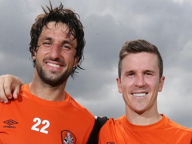 Brisbane Roar milestone men Matt McKay (200 games) (right) and Thomas Broich (150 games). Pic Peter Wallis