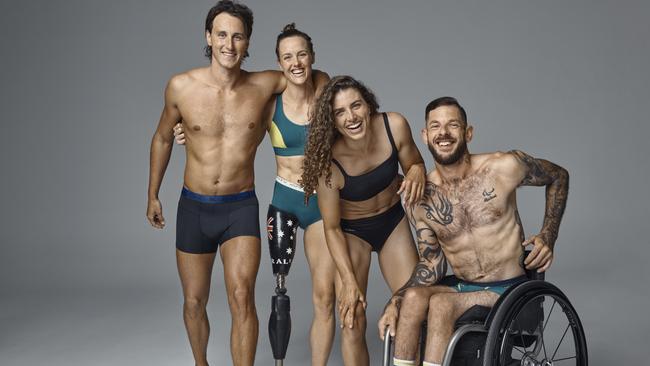 Jockey 2021 Olympic Games campaign Ambassadors – Olympic swimmer Cameron McEvoy, Olympic slalom canoeist Jessica Fox, Paralympic swimmer Ellie Cole and Paralympic tennis player Heath Davidson. Cambage was angry there was not any POC in this campaign Picture: Supplied