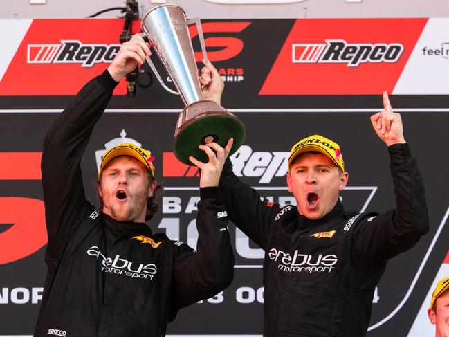 BATHURST, AUSTRALIA - OCTOBER 13: Brodie Kostecki driver of the #1 Erebus Motorsport Chevrolet Camaro ZL1, Todd Hazelwood driver of the #1 Erebus Motorsport Chevrolet Camaro ZL1 during the Bathurst 1000, part of the 2024 Supercars Championship Series at Mount Panorama, on October 13, 2024 in Bathurst, Australia. (Photo by Daniel Kalisz/Getty Images)