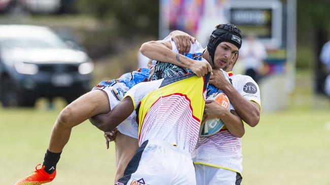 Chris Woodbridge is lifted in a tackle. Picture: Kevin Farmer