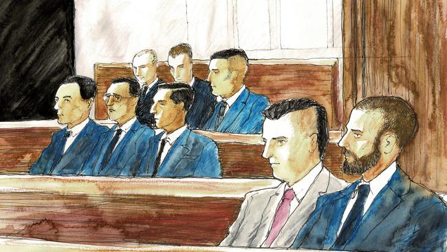 The eight men during the Jason De Ieso murder trial … (back row) Kyle Pryde, Nicholas Sianis, Seywan Moradi; (centre) Mohamed Alzuain, Musa Alzuain, Husain Alzuain; (front) Daniel Jalleh and Ross Montgomery. Picture: Timothy Ide