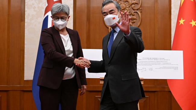 Australia’s Foreign Minister Penny Wong and Chinese Foreign Minister Wang Yi in Beijing. Picture: AAP Image/Lukas Coch via NCA Newswire