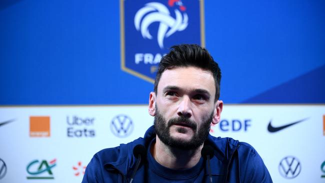 France's national football team goalkeeper Hugo Lloris gives a press conference in Clairefontaine-en-Yvelines on November 14, 2022 as part of the team's preparation for the upcoming FIFA 2022 Qatar World Cup. (Photo by FRANCK FIFE / AFP)