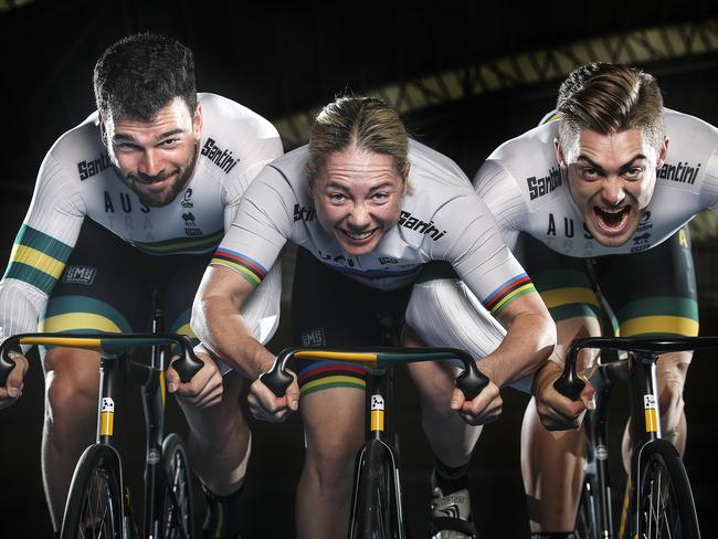 CYCLING - Track Down Under promotion. Sprinters who will be racing on the night - Nathan Hart, Kaarle McCulloch and Matt Glaetzer. Picture SARAH REED