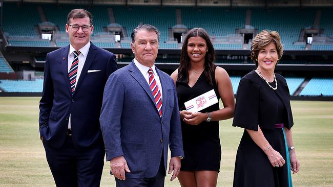 Roosters CEO Joe Kelly, chairman Nick Politis, Sydney FC player Jada Whyman and Suncorp chair Christine McLouglin at the scholarship annoucement. Picture: Jane Dempster