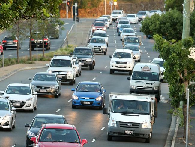 Bad traffic on Kelvin Grove road Brisbane. Pic Jono Searle.