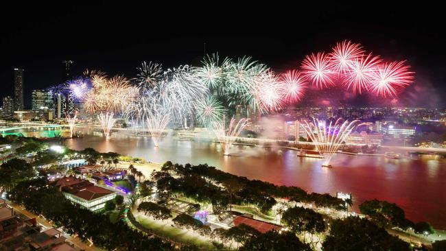 Fireworks viewed from Emporium Hotel over Southbank as Brisbane is named for the 2032 Olympics. Pic Peter Wallis