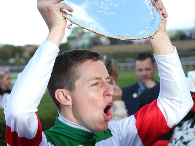 Lane celebrates his Cox Plate triumph. Pic: Micheal Klein