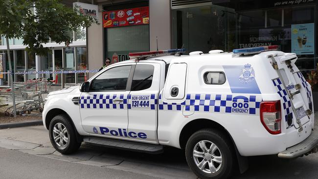 Police outside Tommi’s Gifts and Smoking Accessories tobacco store in Murnong St, Point Cook. Picture: Ian Currie