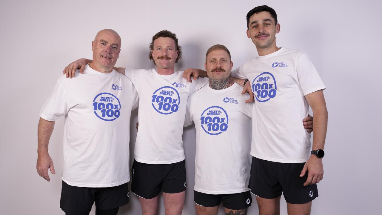 Miles4Smiles co-founders Oz 'The Clumsy Riding Man' Harte, Jack 'The Crazy Running Man' Hanley, Louie Barbant and Charlie McGaw will embark on a variety of physical challenges to raise funds for 43 per cent of Australians struggling with mental health. Photo: Supplied.