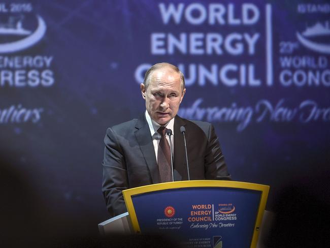 Russian President Vladimir Putin gives a speech during the 23rd World Energy Congress on October 10, 2016 in Istanbul. Putin visits Turkey on October 10 for talks with counterpart Recep Tayyip Erdogan, pushing forward ambitious joint energy projects as the two sides try to overcome a crisis in ties. / AFP PHOTO / OZAN KOSE