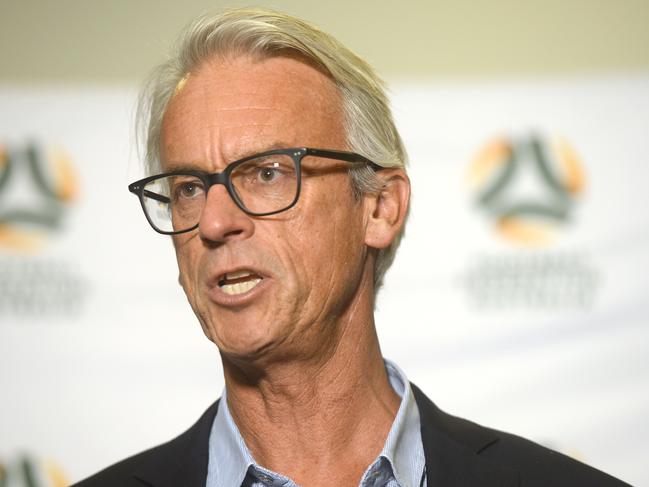 CEO of the Football Federation of Australia David Gallop address media, in Sydney, Monday, January 21, 2019. Football Federation Australia chief David Gallop has met with Matildas players to explain why Alen Stajcic was suddenly sacked as coach. (AAP Image/Jeremy Piper) NO ARCHIVING