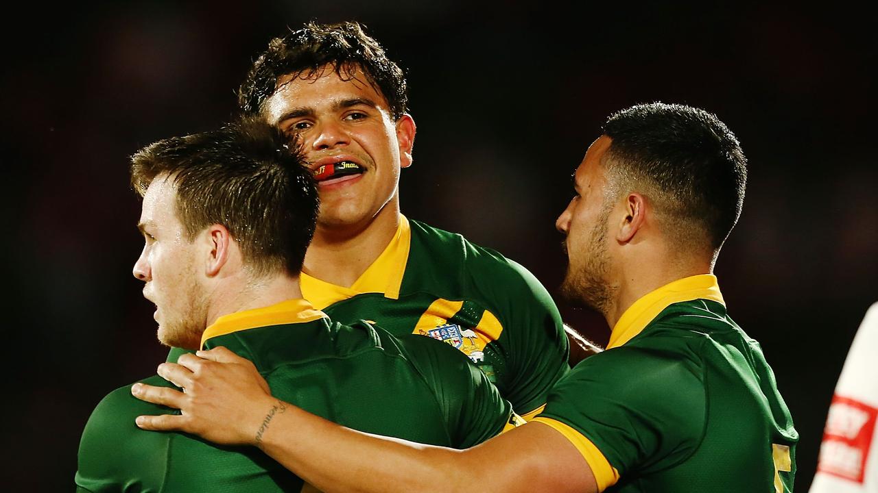 Luke Keary, Latrell Mitchell and Valentine Holmes during the International Test match between Tonga and Australia at Mount Smart Stadium on October 20, 2018. (Photo by Anthony Au-Yeung/Getty Images)