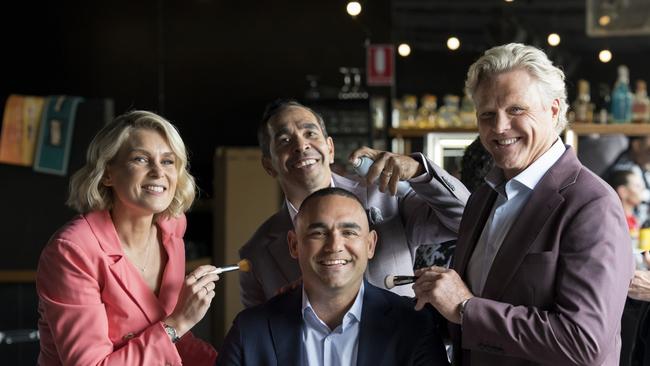 Sarah Jones, Eddie Betts and Dermott Brereton welcome Shaun Burgoyne to Fox Footy. Picture: Julian Fletcher