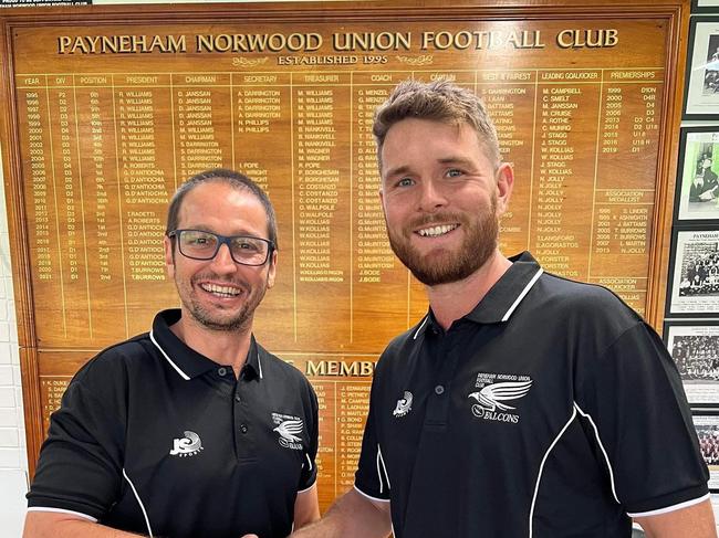 Payneham Norwood Union star Brad McKenzie (right) with Falcons coachJeremy Cini. Picture: Payneham Norwood Union FootballClub