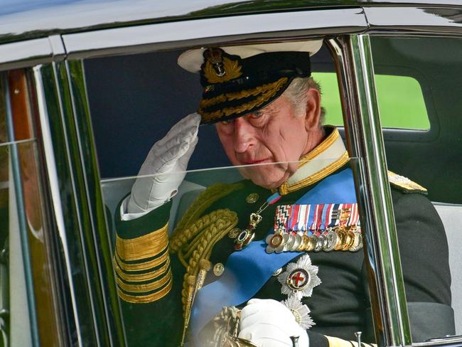 King Charles’ salutes following the State Funeral of Queen Elizabeth II at Westminster Abbey on September 19, 2022 in London. Picture: Getty